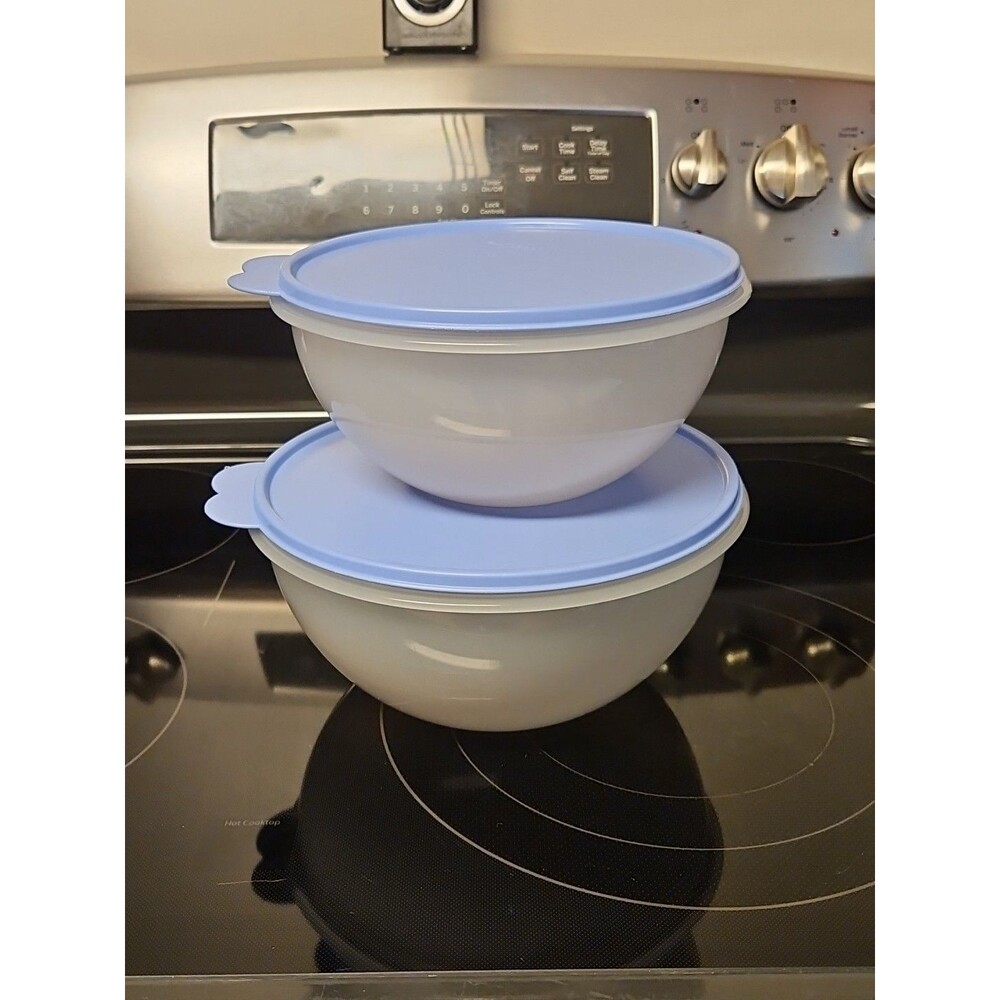 Set Of 2 Vintage Tupperware Wonderlier Bowls W Blue Lids 8 3/4 & 12 Cup